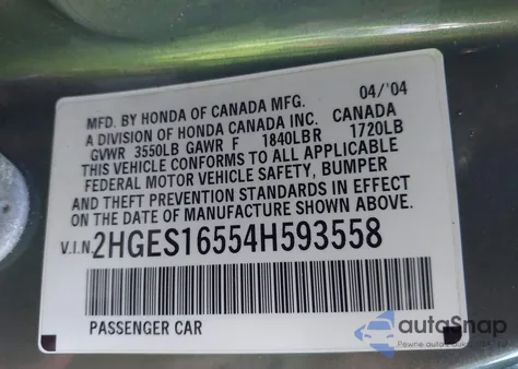 2004 Honda Civic Lx из США, поврежденный, VIN 2HGES16554H593558